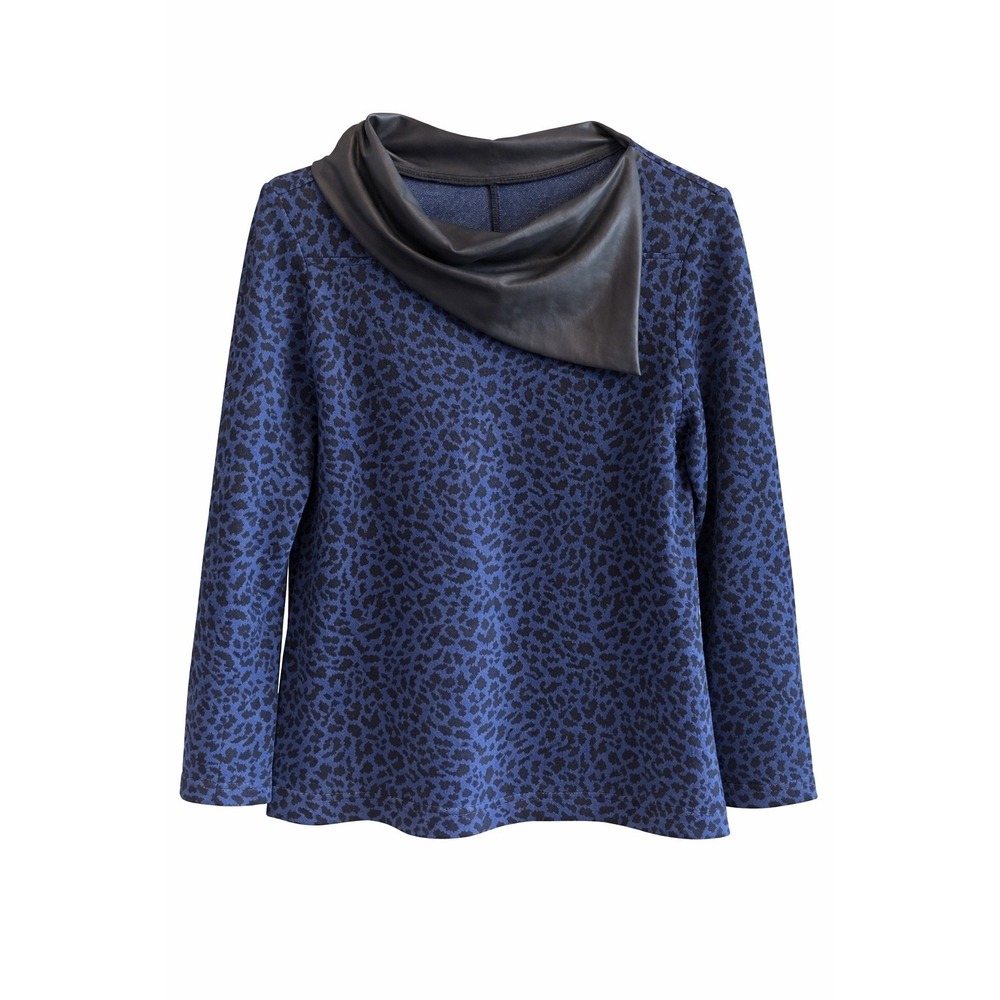 Womens Leopard Print Knit Top Faux Leather Cowl Neck Small Long‎ Seeve